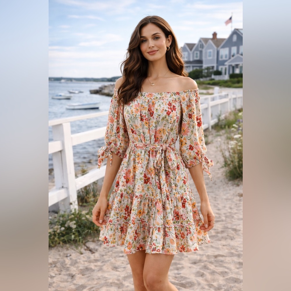 NWT Shore Floral Off Shoulder Mini Dress XS Resort Summer Tie Waist Dress